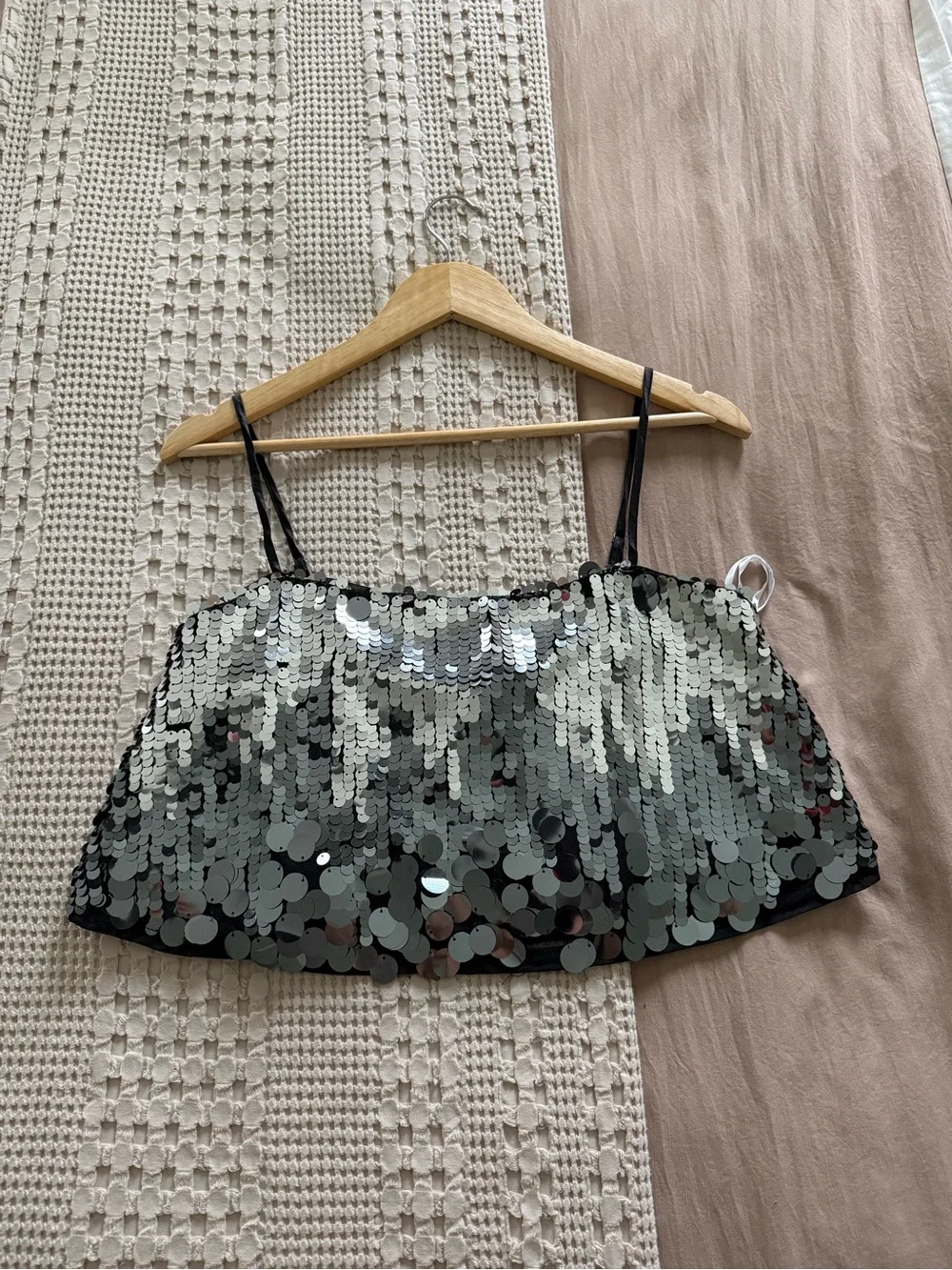 NEW Lulu's Silver Sequin Crop Cami with Spaghetti Straps Size M